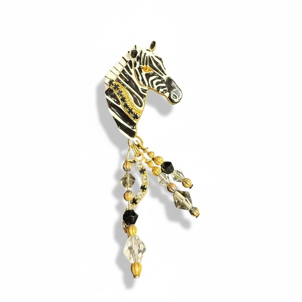 Vintage Lunch at the Ritz Zebra Head Earrings Gold Enamel Beaded Dangle Animal - Picture 3 of 6